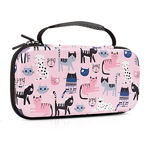 CutebriCase Nintendo Switch Case OLED Model 2021 & 2017, Cat Pink, Hybrid Hard Shell, 16 Game Card Slot, Portable Handle - color: Pink Cats