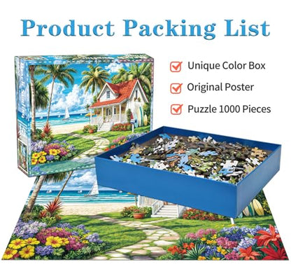 Jigsaw Puzzles for Adults 1000 Piece Puzzle for Adults 1000 Pieces Puzzle 1000 Pieces-Summer Beach Vacation -Surfing, Coconut Trees, Wooden Houses - color: Beach Surfing