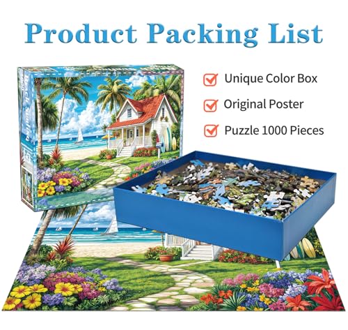 Jigsaw Puzzles for Adults 1000 Piece Puzzle for Adults 1000 Pieces Puzzle 1000 Pieces-Summer Beach Vacation -Surfing, Coconut Trees, Wooden Houses - color: Beach Surfing