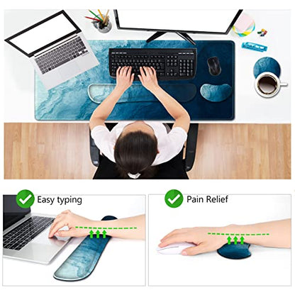AIMSA Large Gaming Mouse Pad Set, Keyboard Wrist Rest Support + Extended Mouse Pad + Mouse Wrist Cushion + Coaster, Ergonomic Memory Foam Multifunctional Desk Mat 35x15.7inch (Dark Blue Waves) - color: Dark Blue Waves