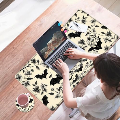 Mouse Pad,Large Desk Mat Set, 4in1 XL Mousepad + Keyboard Wrist Rest+Mouse Wrist Rest+Coaster with Ergonomic Desk Pad for Home Office Table Computer Cover -Floral Bats Pattern - color: Floral Bats Pattern