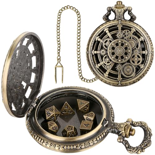 Mini DND Dice Set with Steampunk Hollow Gear Pocket Watch Shell Case, 7pcs Polyhedral Metal D&D Dice, DND Gifts with Gift Box for DND Fans, Role Playing Board Games Accessories - color: Bronze