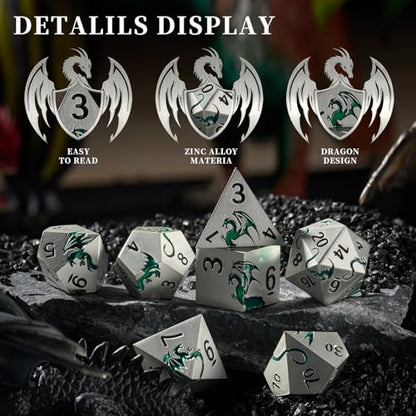 Silver Green Dragon Metal Dice Set,7 PCS Heavy Zinc Alloy DND Dice with Magnetic Gift Box for Tabletop RPG & Dungeons & Dragons Games (Silver Green Dragon) - color: Matte Sliver Green