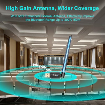 Long Range Bluetooth 5.4 Adapter for PC, USB Bluetooth Dongle Enhanced Antenna for Laptop Desktop Computer Windows 11 10 8.1 7, Linux, Pair with Headphones Speaker Mice Keyboard Controller - style: Latest BT5.4-150M Long Range-BT09