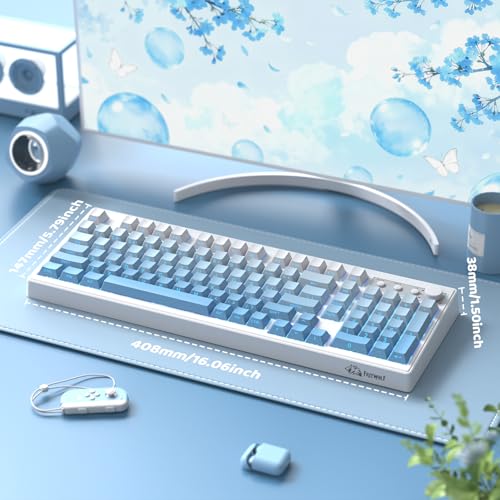 FREEWOLF K100 99 Keys Gaming Membrane Wireless Keyboard with Media Knob,Tri-Mode BT/2.4GHz/USB-C,Side Printed Keys RGB Backlit Retro Cute Creamy Silent Computer Keyboard for MAC PC- Gradient Blue - color: Gradient Blue