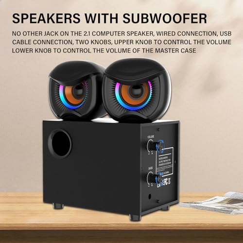 2.1 Computer Speakers, Gaming Stereo System with RGB Subwoofer, Wired USB Powered 3.5mm Auxiliary Speakers for PCs, Laptops, Tablets, Phones - Black
