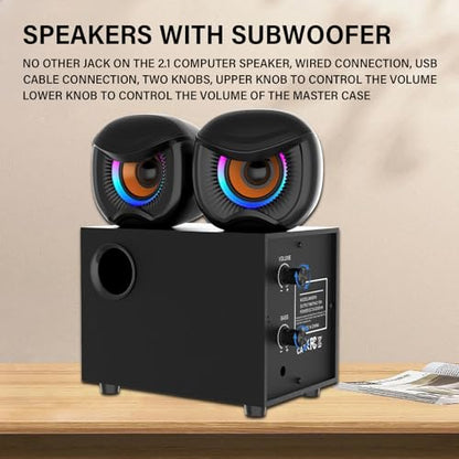 2.1 Computer Speakers, Gaming Stereo System with RGB Subwoofer, Wired USB Powered 3.5mm Auxiliary Speakers for PCs, Laptops, Tablets, Phones - Black