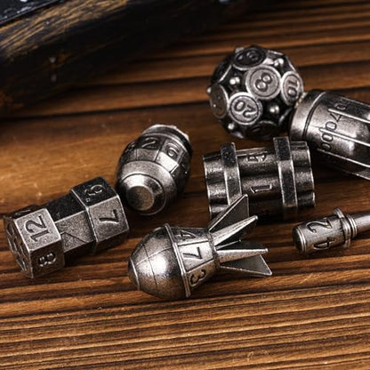 UDIXI Metal Dice Set D&D 7PCS RPG Polyhedral Metal DND Dice Set Nickel | Bomb Shape, Solid Metal, Cool Design, Leather Pouch Packaging, for Dungeons and Dragons Role Playing Games Tabletop Games - color: Silver