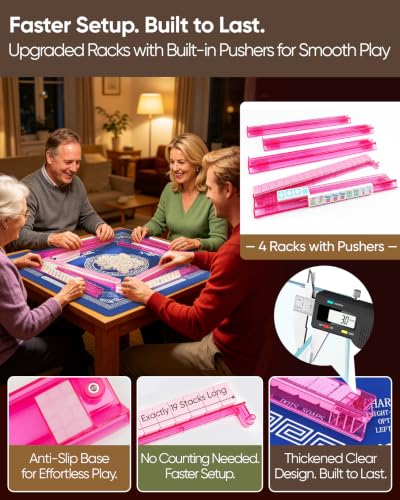 BALE ® Original American Mahjong Tile Set with Complete Game Accessories | 166 Pink Engraved 1.2" Mah Jongg Tiles, 4 Acrylic Racks Pushers,3Pcs Printed Majong Carrying Bags, Travel Family Friend Club - color: Printed Pink