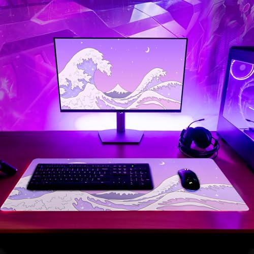 Purple Japanese Sea Wave Gaming Mouse Pad - Large Desk Mat with Non-Slip Base and Stitched Edge for Gaming and Office - 31.5x11.8 Inch - color: Purple Japanese Sea Wave
