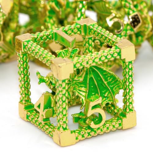 DND Dice,HNCCESG Metal D&D Dice of 7pc,Dungeons and Dragons Dice Set Polyhedral Dice Role Playing Dice Set Hollow Dice Gaming D D Gift for Table Game RPG Shadowrun (Gilt Green) - color: Gilt Green