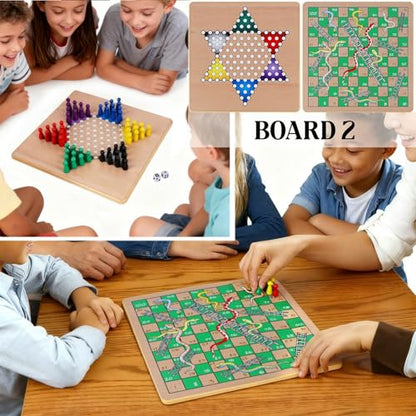 Glintoper 5-in-1 Wooden Board Game with 2 Reversible Boards for Chess, Checkers, Chinese Checkers, Snakes and Ladders, Tic Tac Toe, Tabletop Combo Classic Portable Board Games for Kids to Adult