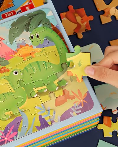 Dinosaur Magnetic Puzzles for Toddlers 3-5, 3 in 1 Travel Puzzles Book Games for Kids Ages 2-4, Travel Games and Toys for 3 4 5 6 Year olds Boys and Girls (Dinosaur 1) - style: Level 2 Dinosaur