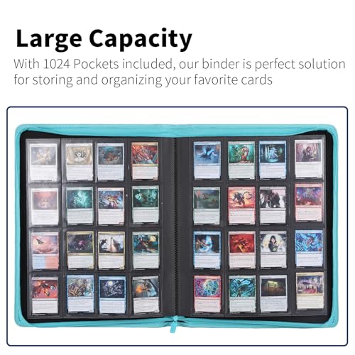Snekdy premium 1024-pocket trading card binder, 16-pocket cards album, waterproof PU-leather Cover album with side loading, holds gaming, baseball, basketball & sports cards Turquoise - color: Turquoise