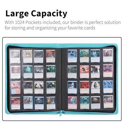 Snekdy premium 1024-pocket trading card binder, 16-pocket cards album, waterproof PU-leather Cover album with side loading, holds gaming, baseball, basketball & sports cards Turquoise - color: Turquoise