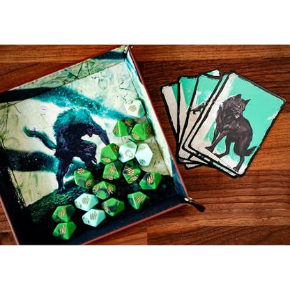 Renegade Game Studios Werewolf: The Apocalypse Luna's Fury Dice & Tray | Limited 5th Edition pack with 17 polyhedral dice, 5 rage dice, folding travel tray, and 5 illustrated Garou form cards