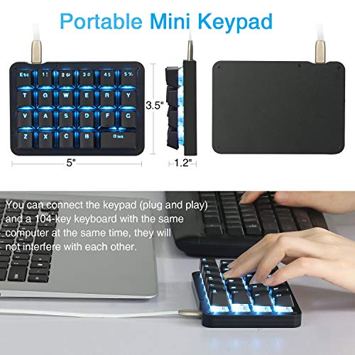 Koolertron 23-Key One-Handed Mechanical Keypad, Blue LED Backlit Portable Mini One-Handed Mechanical Gaming Keypad 23 Fully Programmable Keys - style: 23 Keys/Blue Backlit/Blue switches