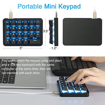 Koolertron One Handed Macro Mechanical Keyboard, Blue LED Backlit Portable Mini One-Handed Mechanical Gaming Keypad 23 Fully Programmable Keys Red Switches (Blue Backlit/Red switches) - style: 23 Keys/Blue Backlit/Red switches