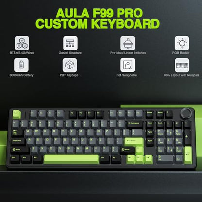 AULA F99 Pro Wireless Mechanical Keyboard with Knob,Creamy Sound,Tri-Mode BT5.0/USB-C/2.4GHz Hot Swappable Keyboard,Gasket Structure,RGB Backlit Computer Gaming Keyboards - color: With Knob-Black&Grey&Green