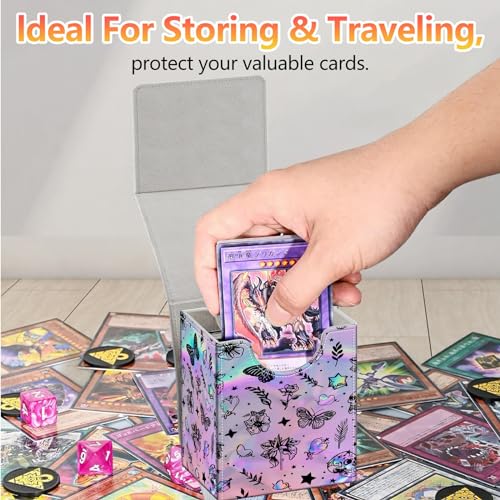 Card Deck Box, Card Storage Box Fits 100+ Single Sleeved Cards, Large Capacity PU Leather Card Storage Box with Strong Magnet for Magic Commander TCG CCG, Cute Iridescent Butterfly - color: Cute Iridescent Butterfly