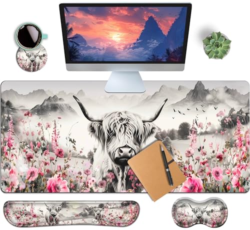 4-Piece Extended Large Mouse Pad Set for Women Men with Highland Cow Design Includes 35.4 x 15.7 XXL Large Mouse Pad Keyboard Wrist Rest Mouse Wrist Support and Coaster for Office Home - color: Scottish Highland Cow, size: Extra XXL -35.4"X15.7"