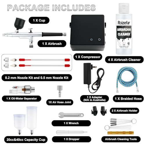 Roizefar Airbrush Kit with Compressor, 55 PSI Gun with Cleaners & Nozzles | 4x3.38 fl oz Cleaner, 0.2/0.3/0.5mm Nozzles, Cleaning Brush, Non-Clogging, for Painting, Modeling, Nail Art, Makeup, DIY