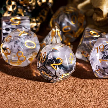 UDIXI 7PCS DND Dice Set, Resin Polyhedral D&D Dice for Role Playing Games | Black White Colors, Dreamy Effect, Velvet Dice Bag Packaging, for Dungeons and Dragons Role Playing Games and Tabletop Games - color: S-black and White