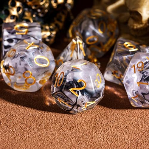 UDIXI 7PCS DND Dice Set, Resin Polyhedral D&D Dice for Role Playing Games | Black White Colors, Dreamy Effect, Velvet Dice Bag Packaging, for Dungeons and Dragons Role Playing Games and Tabletop Games - color: S-black and White