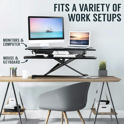 TechOrbits Standing Desk Converter - 42 Inch Adjustable Sit to Stand Up Desk Workstation, MDF Wood, Ergonomic Desk Riser with Keyboard Tray, Desktop Riser for Home Office Computer Laptop, Black 42" - size: 42" MDF Wood