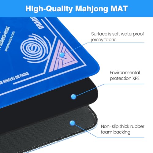 Mahjong Mat 33"x33" American Mah Jongg Mat for Table with Rules (Blue) | Noise Reduction Non-Slip Neoprene Mahjong Table Cloth with Carrying Bag, Gaming Mat for Mahjong Tiles, Cards, Dominoes Games - color: Blue