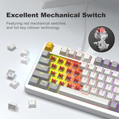 GEEZER AK96 Mechanical Gaming Keyboard, Pre-Lubed Red Switches, 96 Keys Full Size with LED Colorful Backlit, Clicky Creamy Sound, USB Wired Computer Keyboard with Volume Knob for PC, Mac, Windows