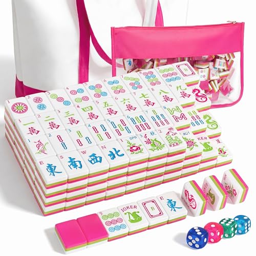 Soulchen 3 Layer American Mahjong Set, 168 Pcs Green and Pink Tiles with 2 Carrying Bags and Accessories 1.2'' Complete American Mahjong Tile Set for Travel Game Collection Women Lover Beginners