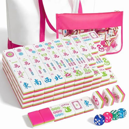 Soulchen 3 Layer American Mahjong Set, 168 Pcs Green and Pink Tiles with 2 Carrying Bags and Accessories 1.2'' Complete American Mahjong Tile Set for Travel Game Collection Women Lover Beginners