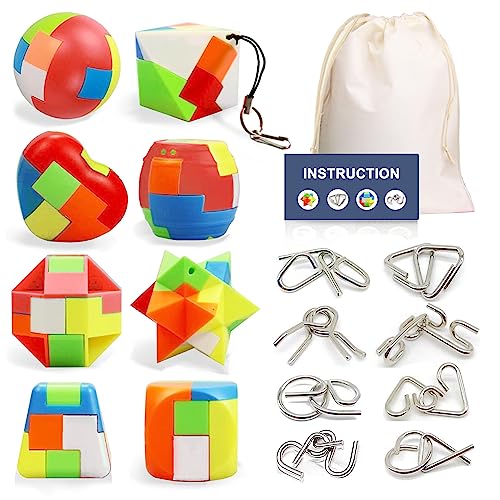 16 Pack Brain Teasers Puzzles for Kids & Adults, Brain Teasers Metal IQ Toys Puzzle Mind Game 3D Coil Cast Wire Unlock Interlock Magic Ball Puzzles for Teenagers