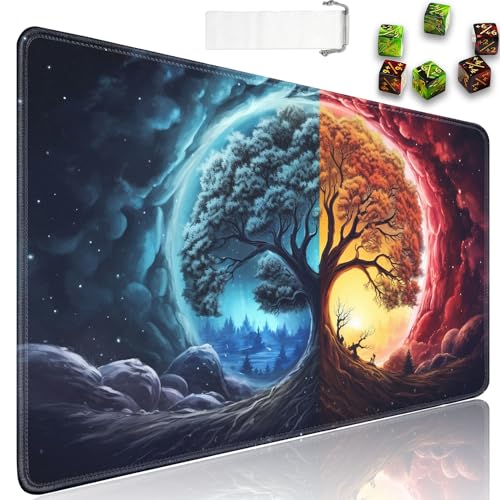 for MTG Playmat + Drawstring Travel Pouch + 6 Dice Counter, for Tabletop Trading Card Game Playmats or Large Mouse Pad, Anti-Slip Rubber 24 x 14 in, Space Fantasy Tree of Life for TCG Playmat - color: JV-Playmat-1-F-156