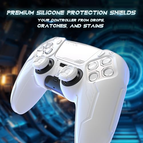 PlayVital Mecha Edition Silicone Cover Compatible with ps5 Controller with 2 Joystick Caps and 6 Stickers, Shockproof Non-Slip Grip Protector Accessories, Fits for ps5 Charging Station - White - color: White