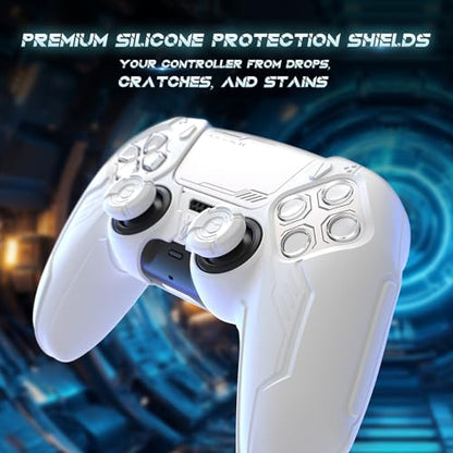 PlayVital Mecha Edition Silicone Cover Compatible with ps5 Controller with 2 Joystick Caps and 6 Stickers, Shockproof Non-Slip Grip Protector Accessories, Fits for ps5 Charging Station - White - color: White