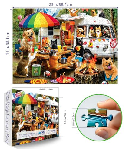 500 Piece Jigsaw Puzzles for Adults Funny Cats and Dogs Camping Adventure Adult Puzzles with Letters on Back Animal RV Campfire Scene Family Relax Puzzle for Seniors 23x15 Inch - color: Cats and Dogs