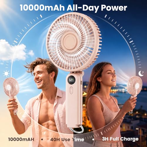 Portable Handheld Fan, 10000mAh Rechargeable 6-Inch Personal Fan for Travel | Ultra Quiet Foldable Desk Fan, 5-Speed Battery Operated Fan with Up to 40H Runtime and Digital Display for Travel and Makeup - color: Pink