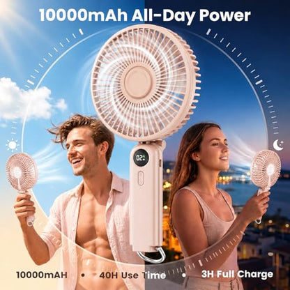 Portable Handheld Fan, 10000mAh Rechargeable 6-Inch Personal Fan for Travel | Ultra Quiet Foldable Desk Fan, 5-Speed Battery Operated Fan with Up to 40H Runtime and Digital Display for Travel and Makeup - color: Pink