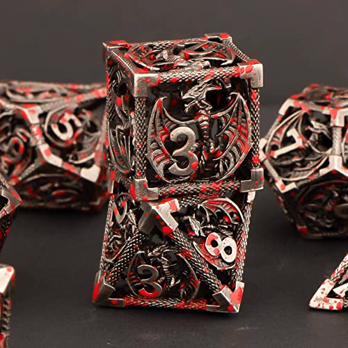 KERWELLSI Hollow DND Dice Set D&D with Gifts Box, 7pcs Polyhedral Metal D and D Dice for Role Playing Game, Dungeon Dragon Dice D20 D12 D10 D8 D6 D4 (Blood) - color: Blood