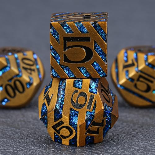 Premium Inlay Metal Dice Set, Heavy Zinc Alloy DND Dice for Serious RPG Players - color: Ancient Gold+blue
