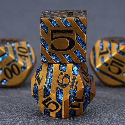 Premium Inlay Metal Dice Set, Heavy Zinc Alloy DND Dice for Serious RPG Players - color: Ancient Gold+blue