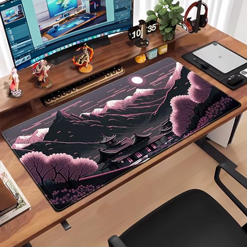 Sakura Blossom Desk Mat Japanese Scenery Mountain Large Mouse Pad XXL Extended Gaming Mousepad Japan Black Pink Aesthetic Desk Pad Keyboard Mouse Mat 31.5''X15.7'' Desk Decor - color: Sakura Blossom