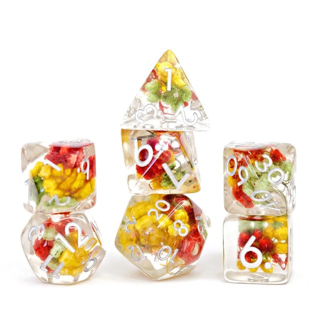 Sage’s Portal Cantrips DND Dice Set - Round Edge Resin 7-PC Polyhedral DND Dice Set for Dungeons and Dragons D&D RPG Tabletop TTRPG (Red/Yellow/Green Flowers) - color: Tri Flowers