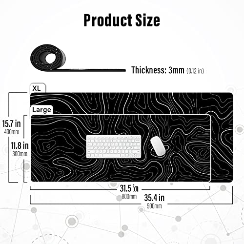 Ovenbird Extra Large Mouse Pad, Extended Topographic Map Gaming Mousepad with Non-Slip Base & Stitched Edges, 35.4" x 15.7", Black - color: Black Topo, size: Extended X-Large