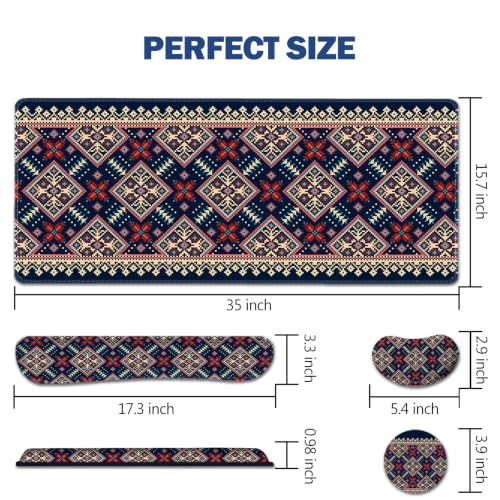 AIMSA Desk Mat Set Bohemian, Large Mouse Pad + Mouse Wrist Rest + Keyboard Wrist Support + Coaster, Navy Blue Gaming Mouse Pad Combo for Home Office - color: Bohemian Navy Blue