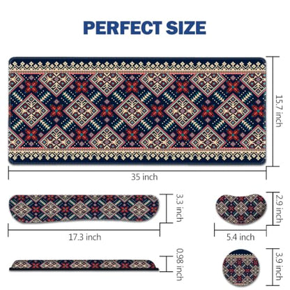 AIMSA Desk Mat Set Bohemian, Large Mouse Pad + Mouse Wrist Rest + Keyboard Wrist Support + Coaster, Navy Blue Gaming Mouse Pad Combo for Home Office - color: Bohemian Navy Blue