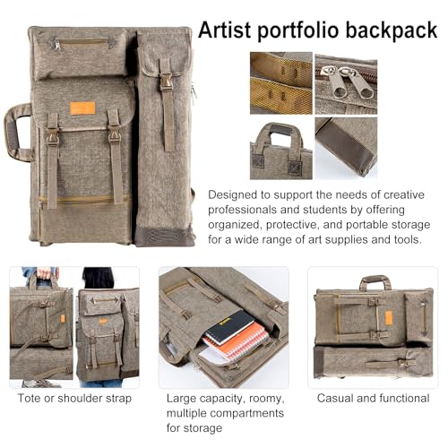 TRANSON Art Portfolio Case Artist Backpack Canvas Bag Large 26” x 19.5” - color: Khaki