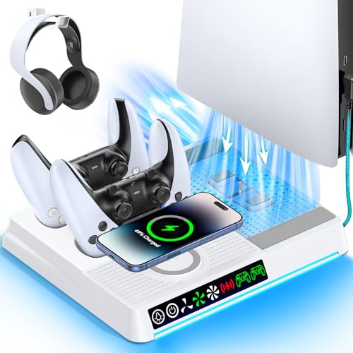 PS5/Slim/Pro Cooling Station with Wireless Charging & Dual Controller Dock | Wireless Phone Charger, 2.5H Fast Charging Base for DualSense & Edge Controller, 3‑Speed Fan, 9-color RGB PS5 Vertical Stand
